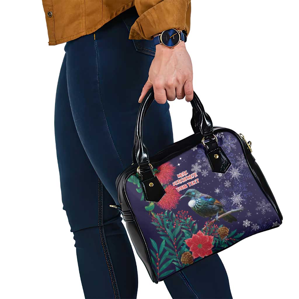 Tui Meri Kirihimete Personalised Shoulder Handbag Pohutukawa Flowers Blue Motif - Polynesian Pride