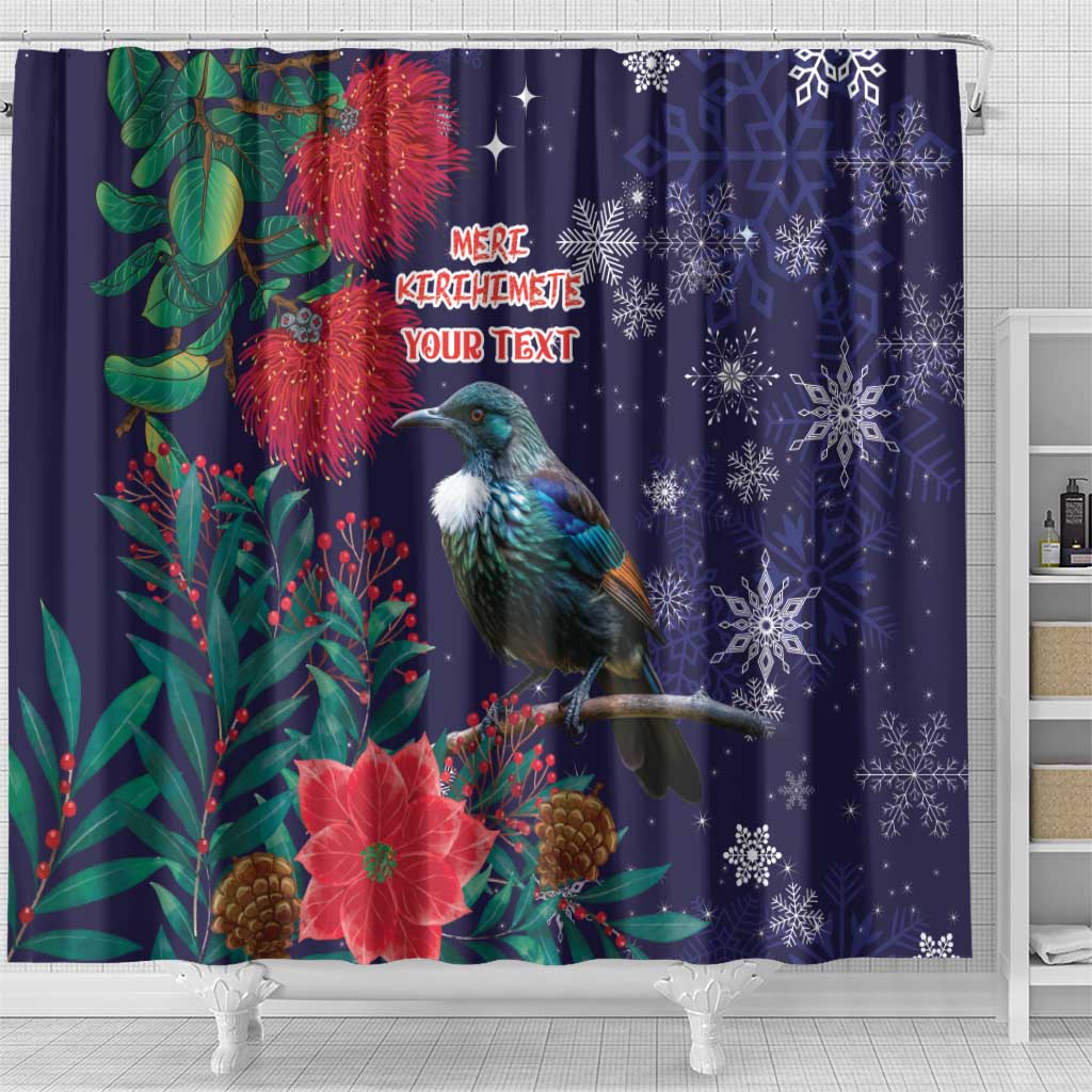Tui Meri Kirihimete Personalised Shower Curtain Pohutukawa Flowers Blue Motif - Polynesian Pride