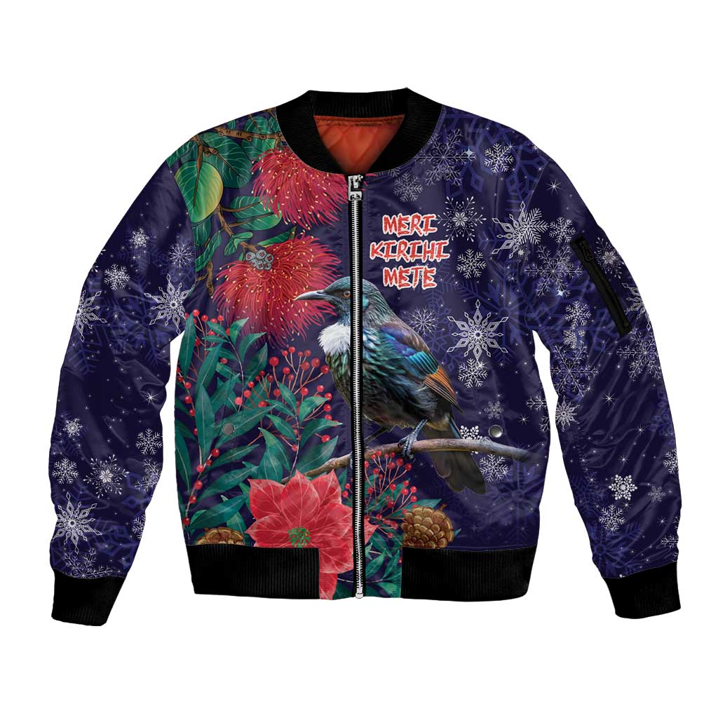 Tui Meri Kirihimete Personalised Sleeve Zip Bomber Jacket Pohutukawa Flowers Blue Motif LT9 Unisex Blue - Polynesian Pride