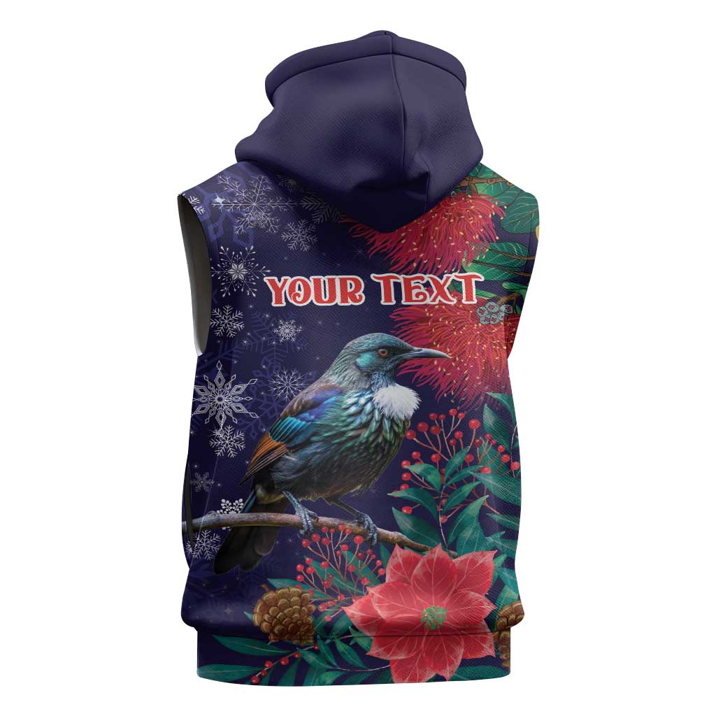 Tui Meri Kirihimete Personalised Sleeveless Zip Hoodie Pohutukawa Flowers Blue Motif LT9 - Polynesian Pride