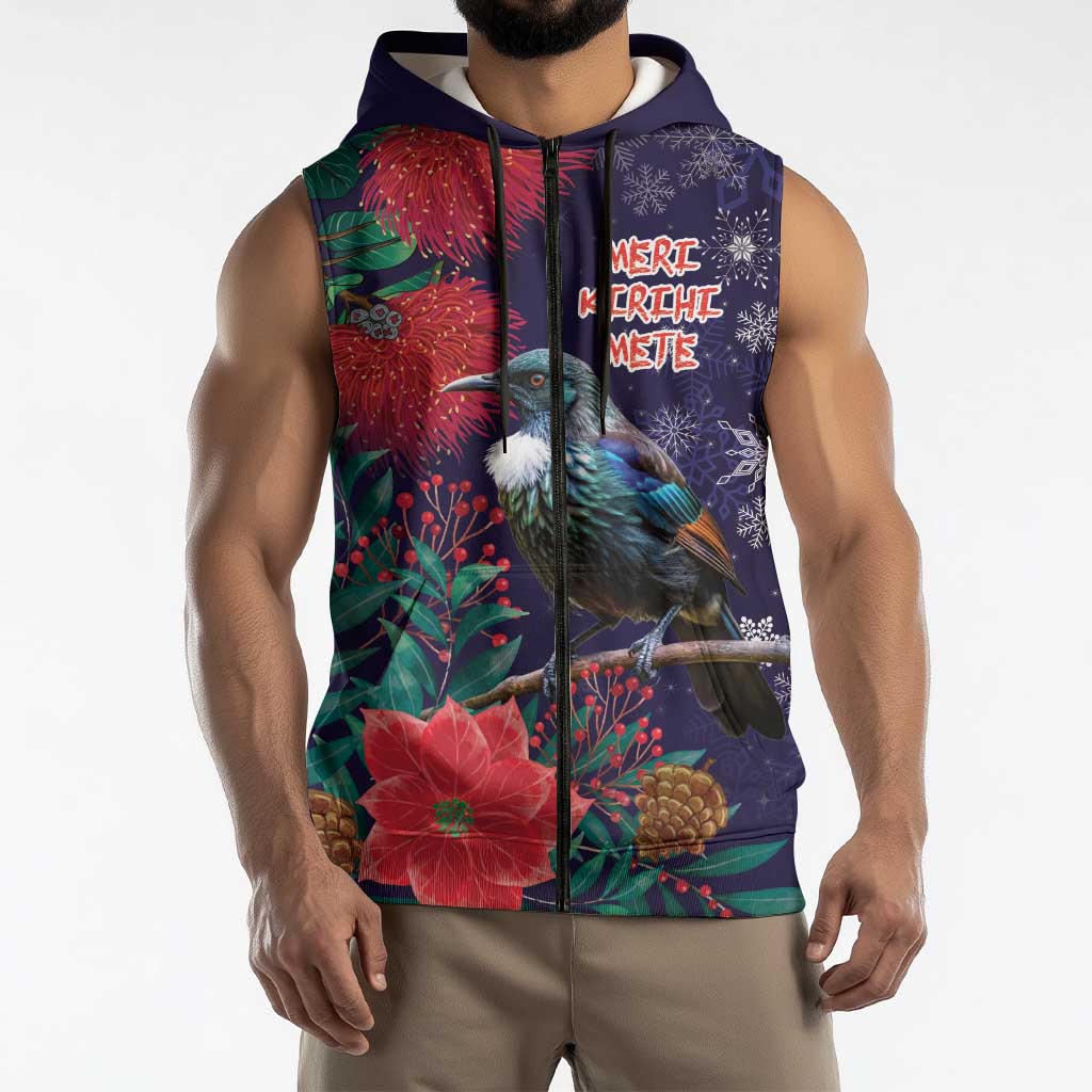 Tui Meri Kirihimete Personalised Sleeveless Zip Hoodie Pohutukawa Flowers Blue Motif LT9 - Polynesian Pride