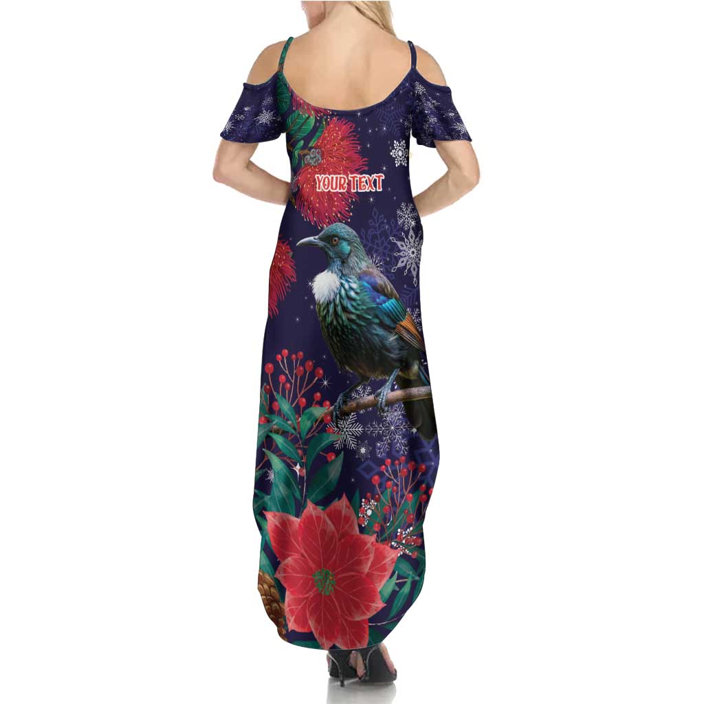 Tui Meri Kirihimete Personalised Summer Maxi Dress Pohutukawa Flowers Blue Motif LT9 - Polynesian Pride