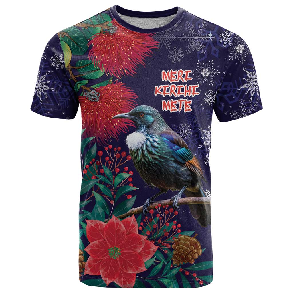 Tui Meri Kirihimete Personalised T Shirt Pohutukawa Flowers Blue Motif LT9 Blue - Polynesian Pride