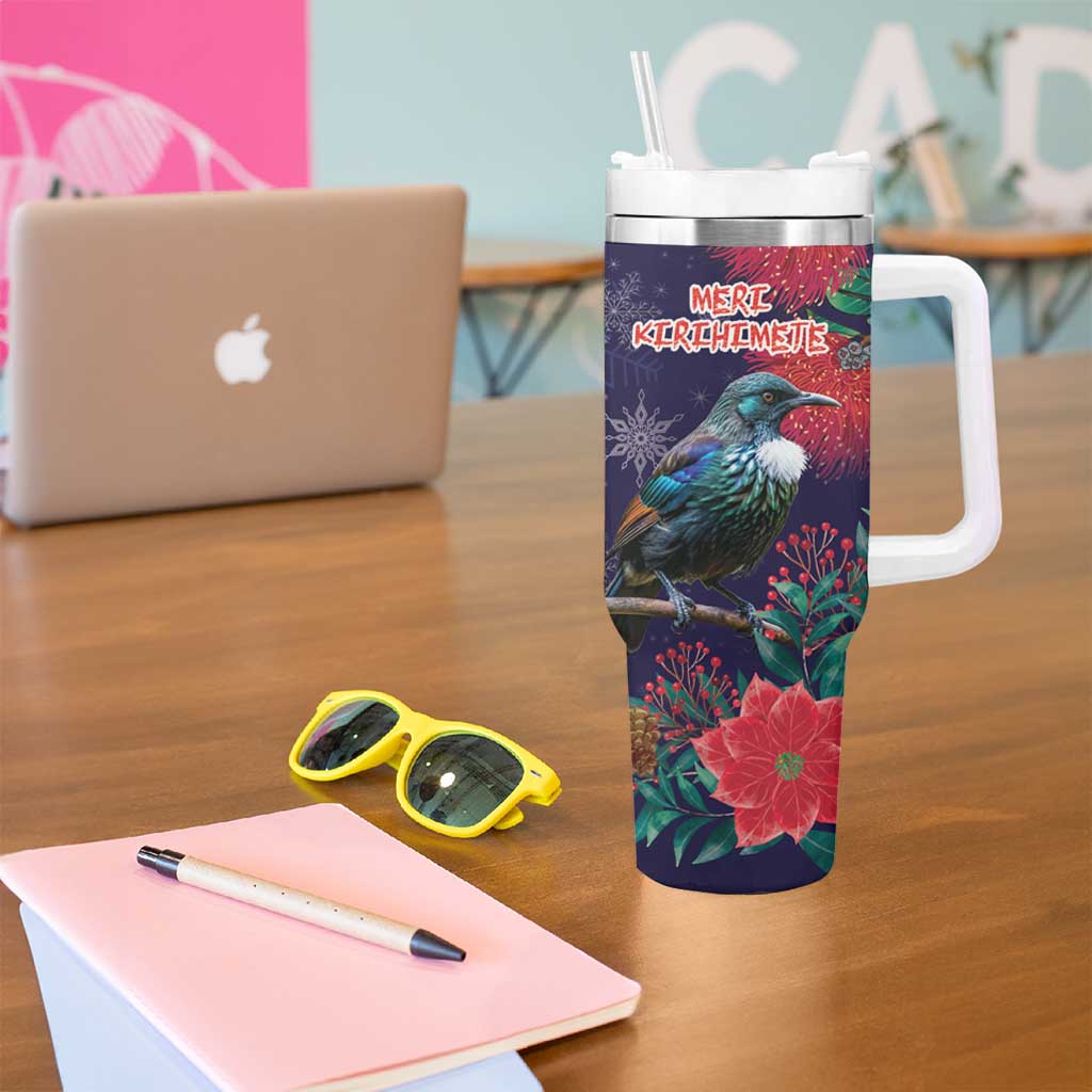 Tui Meri Kirihimete Personalised Tumbler With Handle Pohutukawa Flowers Blue Motif - Polynesian Pride