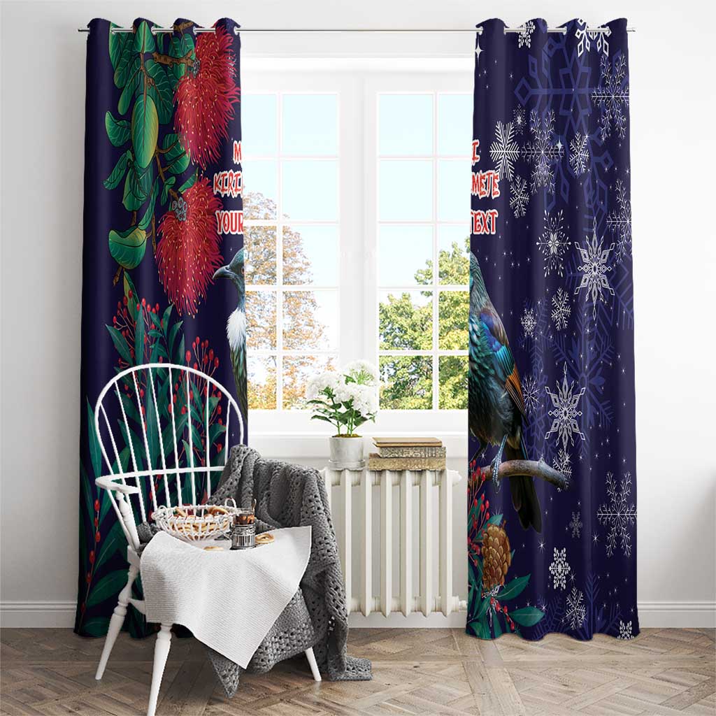 Tui Meri Kirihimete Personalised Window Curtain Pohutukawa Flowers Blue Motif - Polynesian Pride