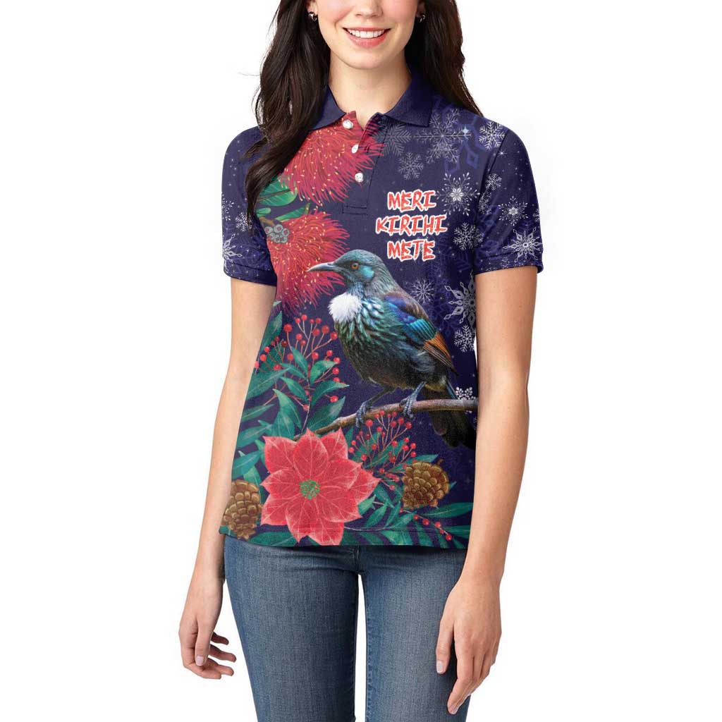 Tui Meri Kirihimete Personalised Women Polo Shirt Pohutukawa Flowers Blue Motif - Polynesian Pride