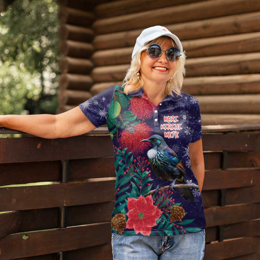 Tui Meri Kirihimete Personalised Women Polo Shirt Pohutukawa Flowers Blue Motif - Polynesian Pride