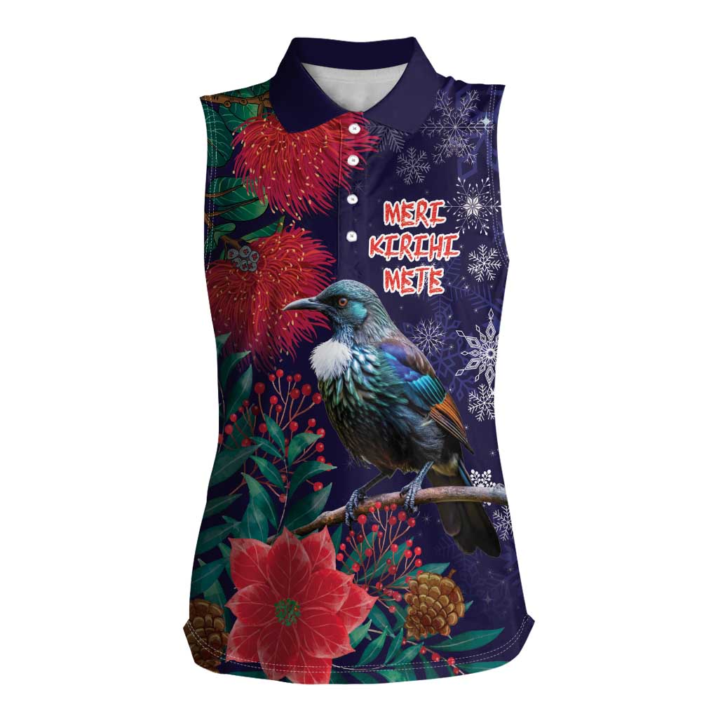 Tui Meri Kirihimete Personalised Women Sleeveless Polo Shirt Pohutukawa Flowers Blue Motif LT9 Female Blue - Polynesian Pride