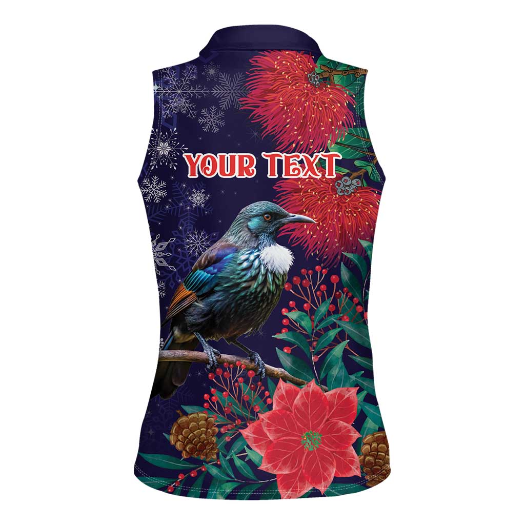 Tui Meri Kirihimete Personalised Women Sleeveless Polo Shirt Pohutukawa Flowers Blue Motif LT9 - Polynesian Pride