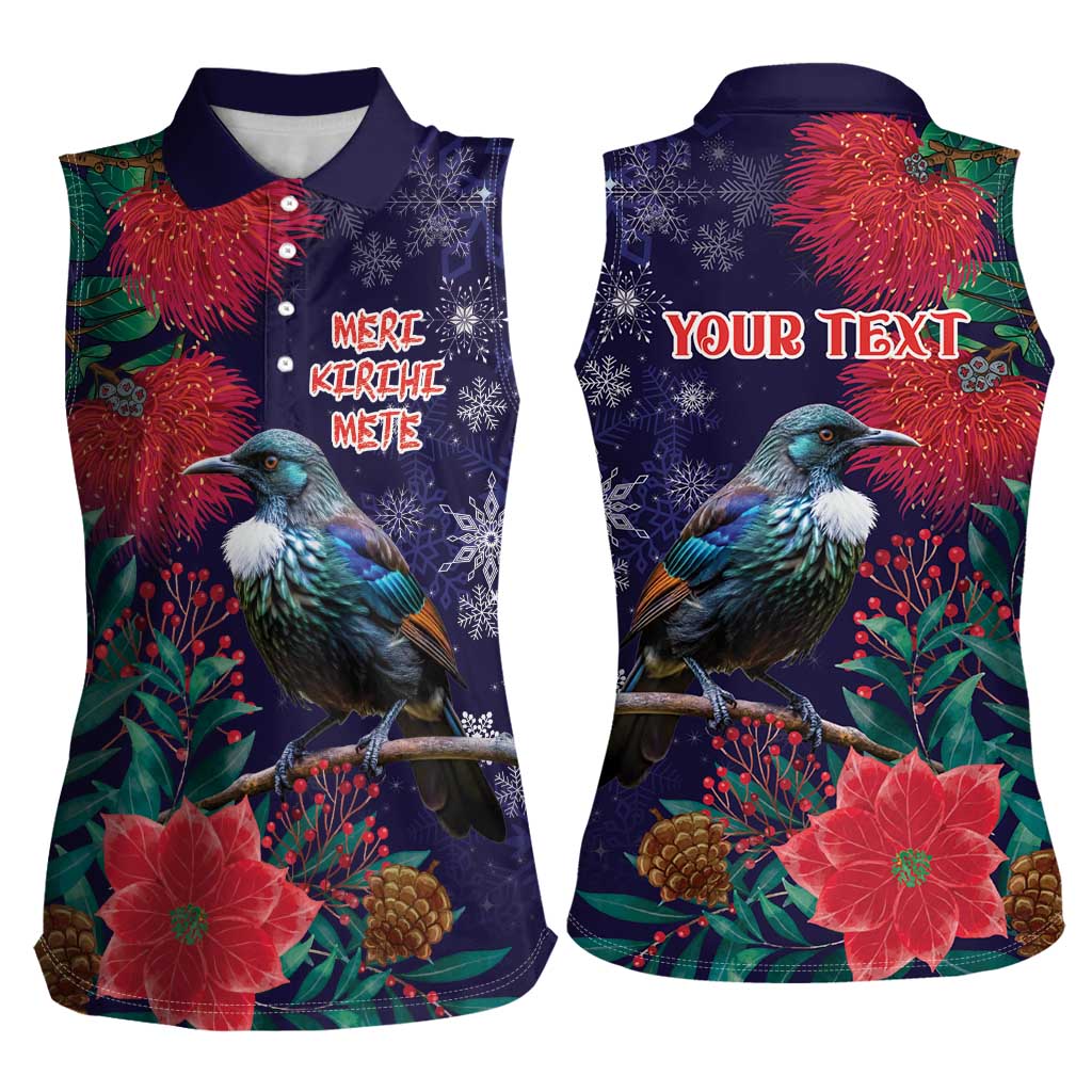 Tui Meri Kirihimete Personalised Women Sleeveless Polo Shirt Pohutukawa Flowers Blue Motif LT9 - Polynesian Pride