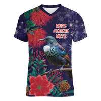 Tui Meri Kirihimete Personalised Women V-Neck T-Shirt Pohutukawa Flowers Blue Motif LT9 Female Blue - Polynesian Pride