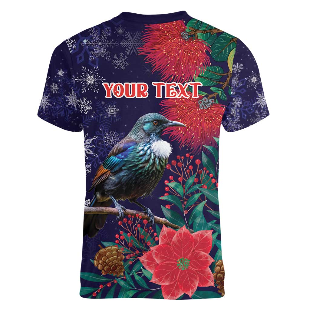 Tui Meri Kirihimete Personalised Women V-Neck T-Shirt Pohutukawa Flowers Blue Motif LT9 - Polynesian Pride