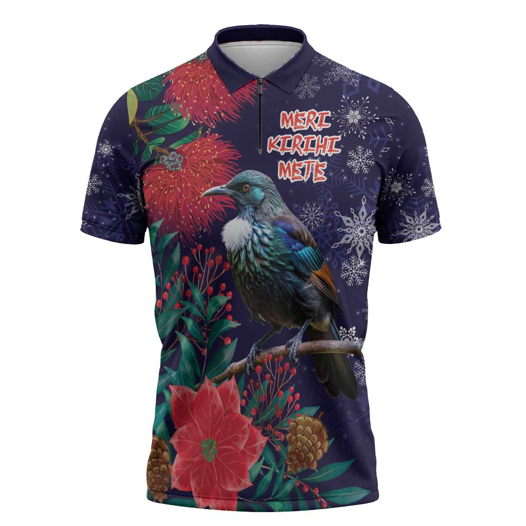 Tui Meri Kirihimete Personalised Zipper Polo Shirt Pohutukawa Flowers Blue Motif LT9 Blue - Polynesian Pride