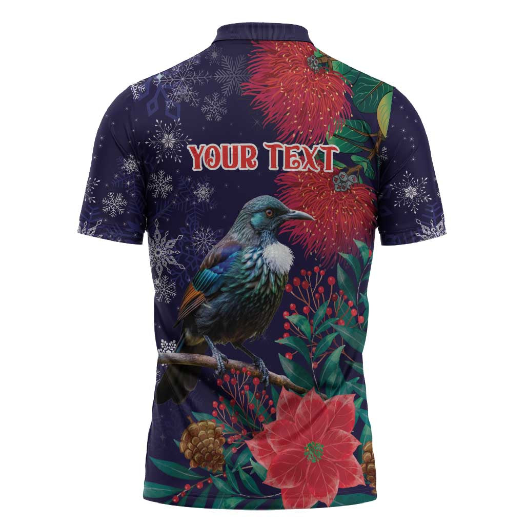 Tui Meri Kirihimete Personalised Zipper Polo Shirt Pohutukawa Flowers Blue Motif LT9 - Polynesian Pride