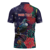 Tui Meri Kirihimete Personalised Zipper Polo Shirt Pohutukawa Flowers Blue Motif LT9 - Polynesian Pride
