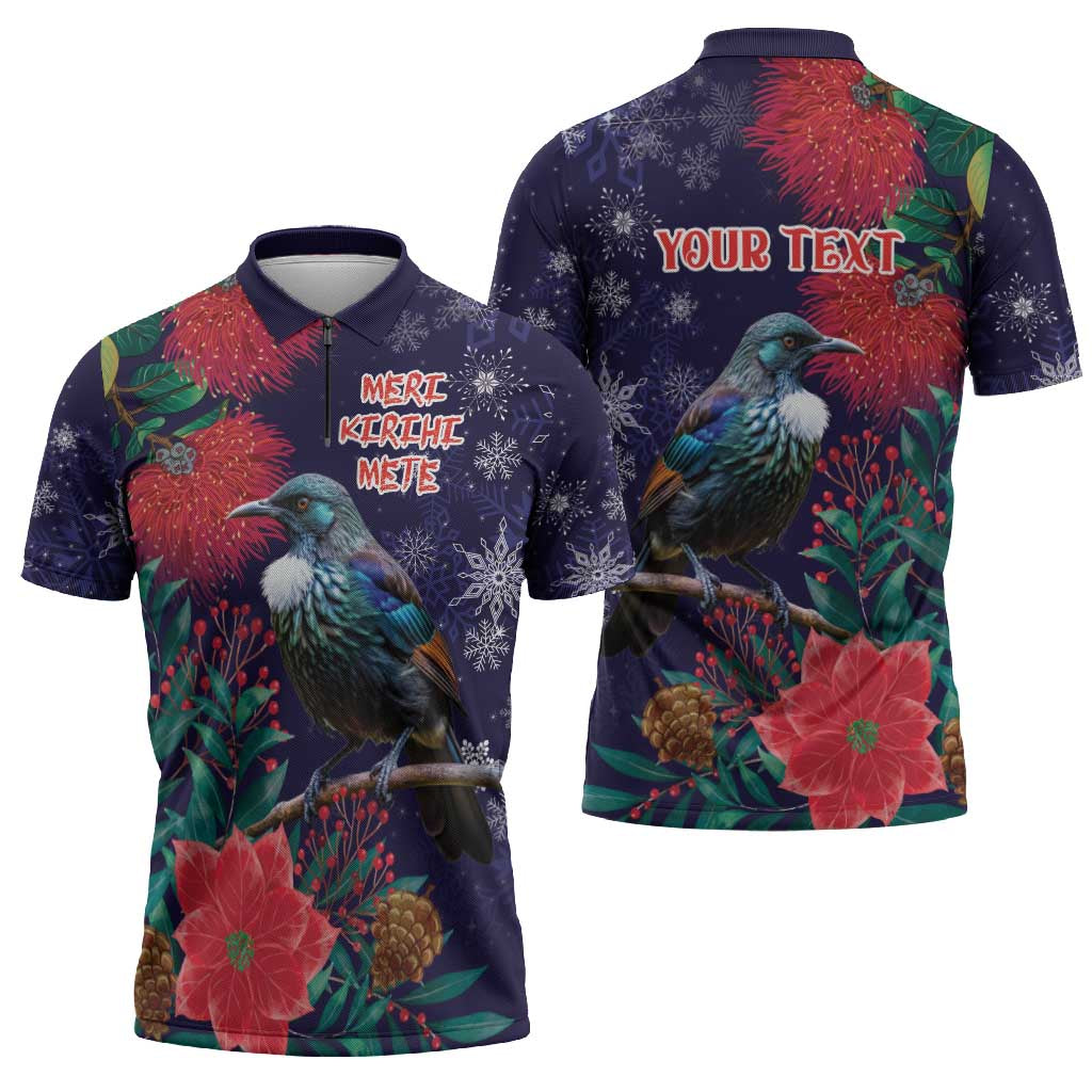 Tui Meri Kirihimete Personalised Zipper Polo Shirt Pohutukawa Flowers Blue Motif LT9 - Polynesian Pride
