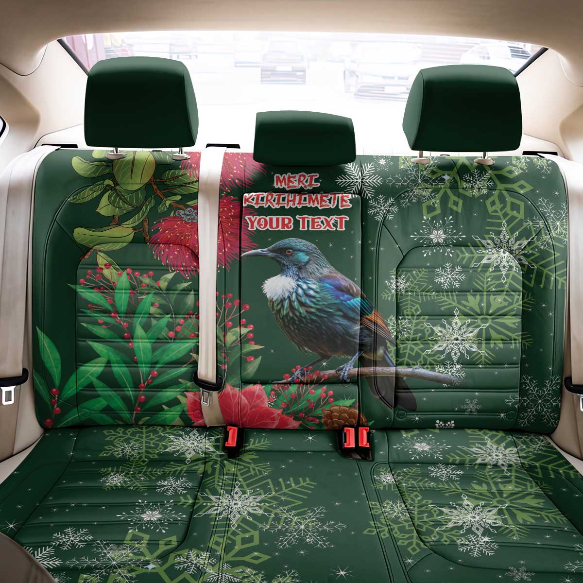 Tui Meri Kirihimete Personalised Back Car Seat Cover Pohutukawa Flowers Green Motif LT9 - Polynesian Pride