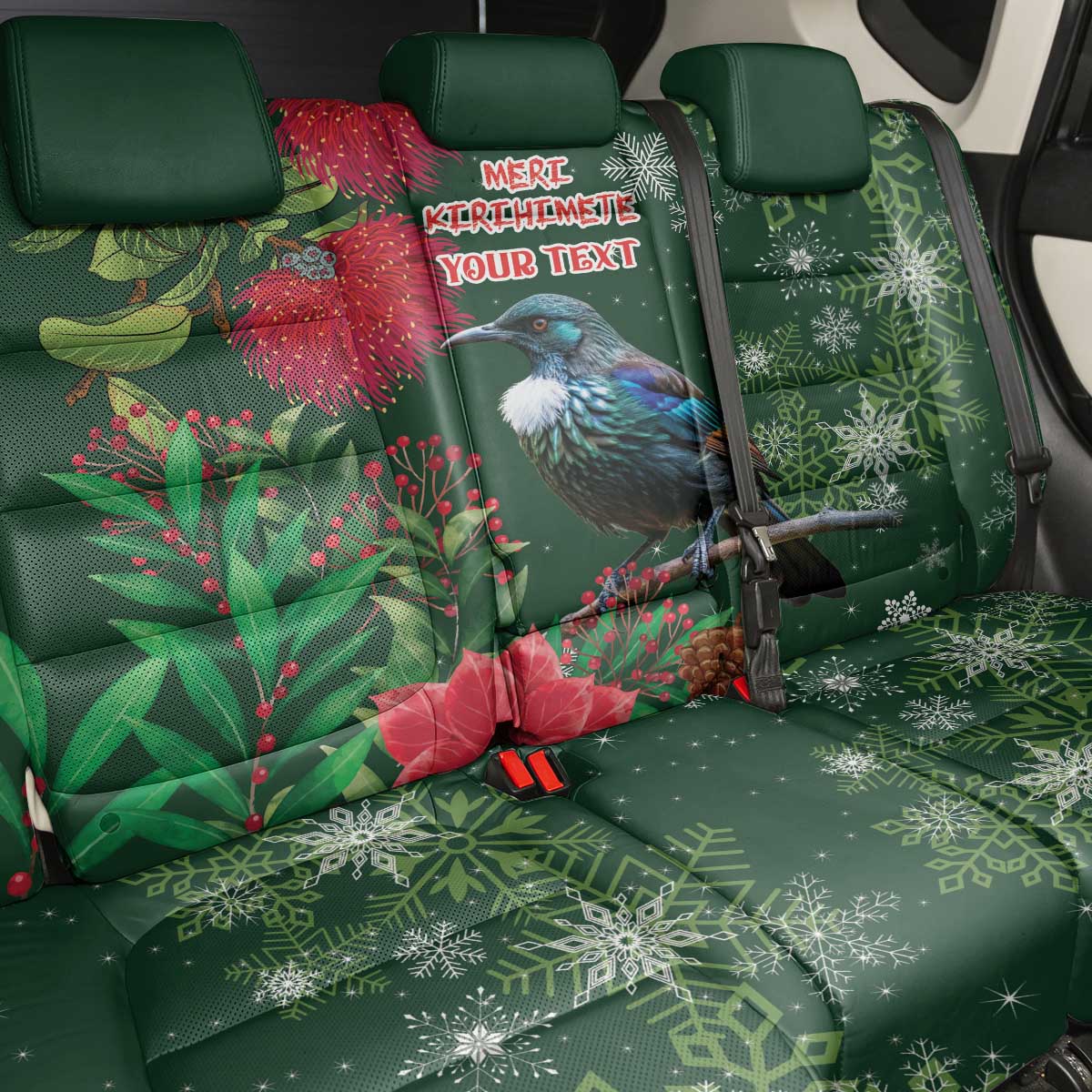 Tui Meri Kirihimete Personalised Back Car Seat Cover Pohutukawa Flowers Green Motif LT9 - Polynesian Pride