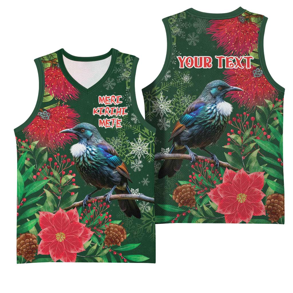 Tui Meri Kirihimete Personalised Basketball Jersey Pohutukawa Flowers Green Motif LT9 - Polynesian Pride
