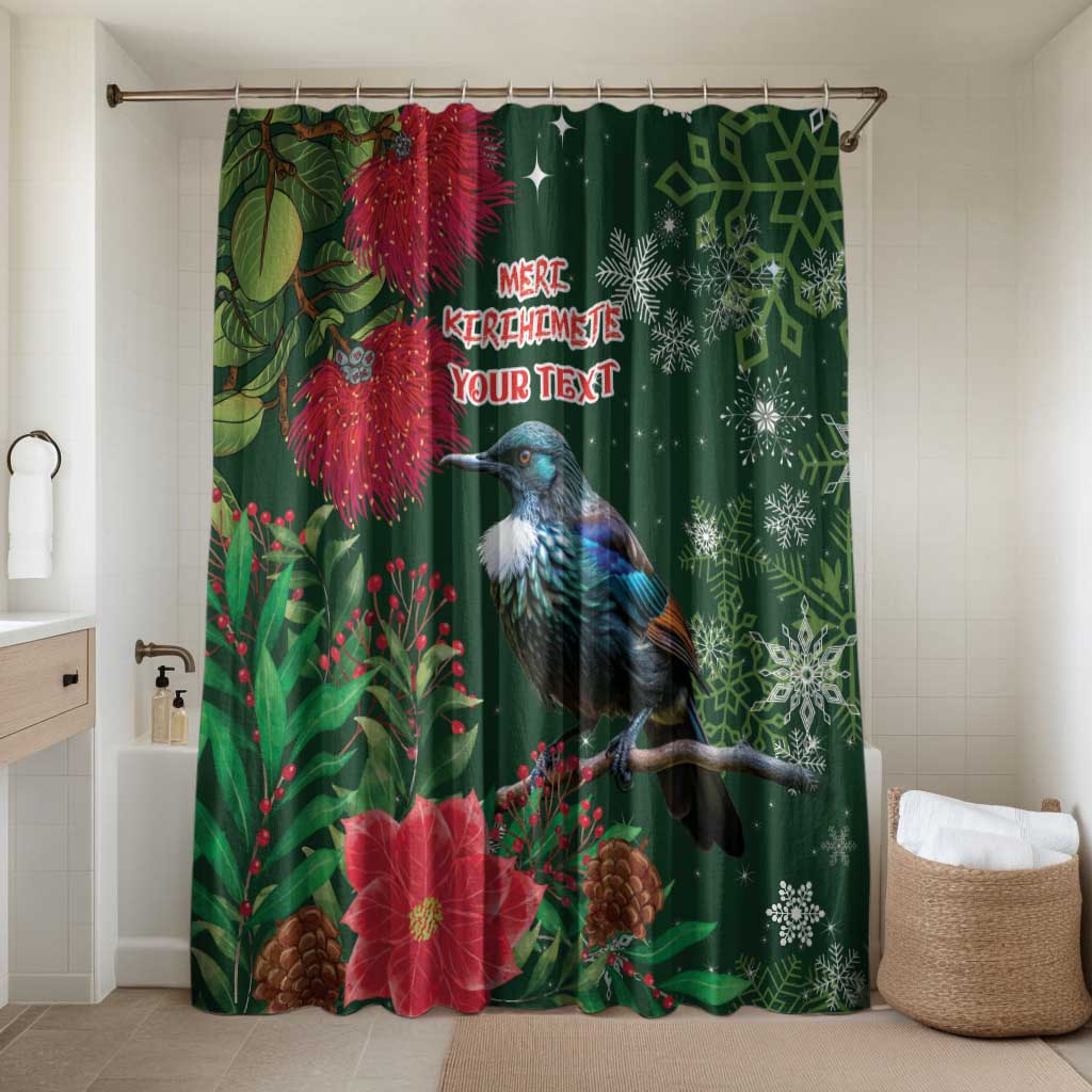 Tui Meri Kirihimete Personalised Bathroom Set Pohutukawa Flowers Green Motif LT9 Shower Curtain Only Green - Polynesian Pride