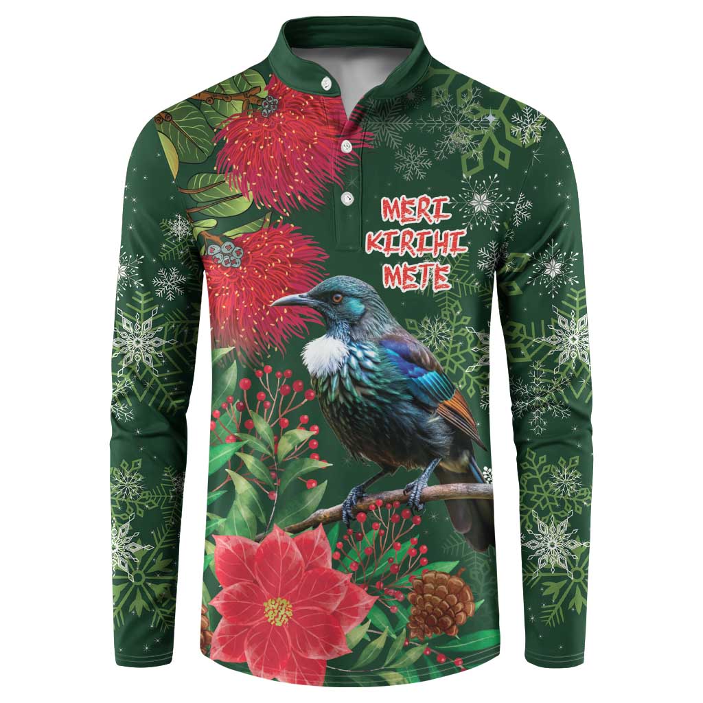 Tui Meri Kirihimete Personalised Button Sweatshirt Pohutukawa Flowers Green Motif LT9 Green - Polynesian Pride