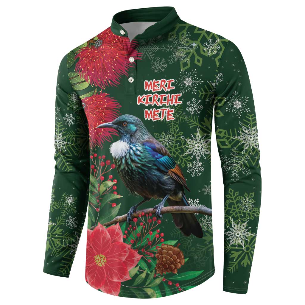Tui Meri Kirihimete Personalised Button Sweatshirt Pohutukawa Flowers Green Motif LT9 - Polynesian Pride