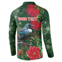 Tui Meri Kirihimete Personalised Button Sweatshirt Pohutukawa Flowers Green Motif LT9 - Polynesian Pride