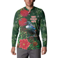 Tui Meri Kirihimete Personalised Button Sweatshirt Pohutukawa Flowers Green Motif LT9 - Polynesian Pride