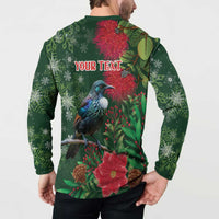 Tui Meri Kirihimete Personalised Button Sweatshirt Pohutukawa Flowers Green Motif LT9 - Polynesian Pride