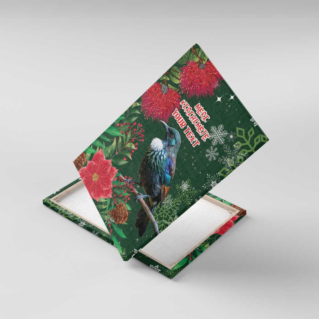 Tui Meri Kirihimete Personalised Canvas Wall Art Pohutukawa Flowers Green Motif - Polynesian Pride
