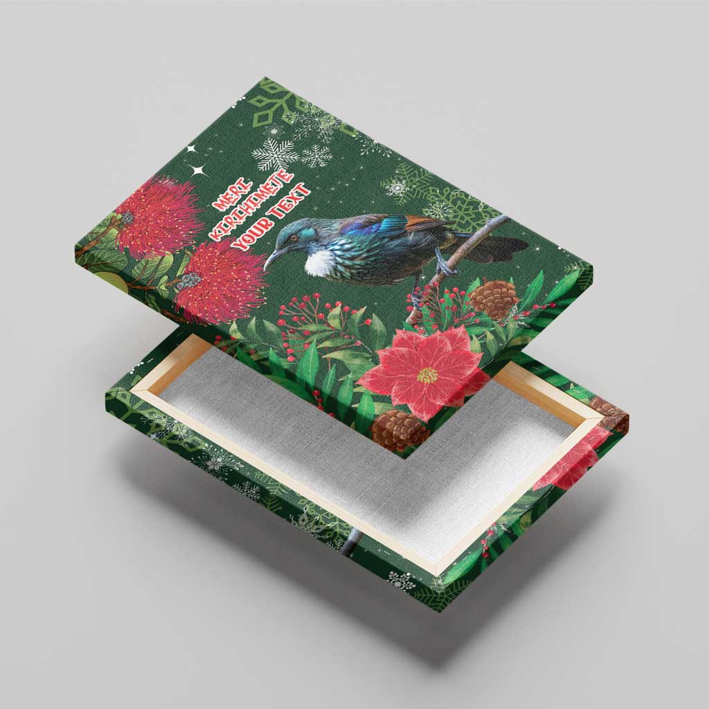 Tui Meri Kirihimete Personalised Canvas Wall Art Pohutukawa Flowers Green Motif - Polynesian Pride
