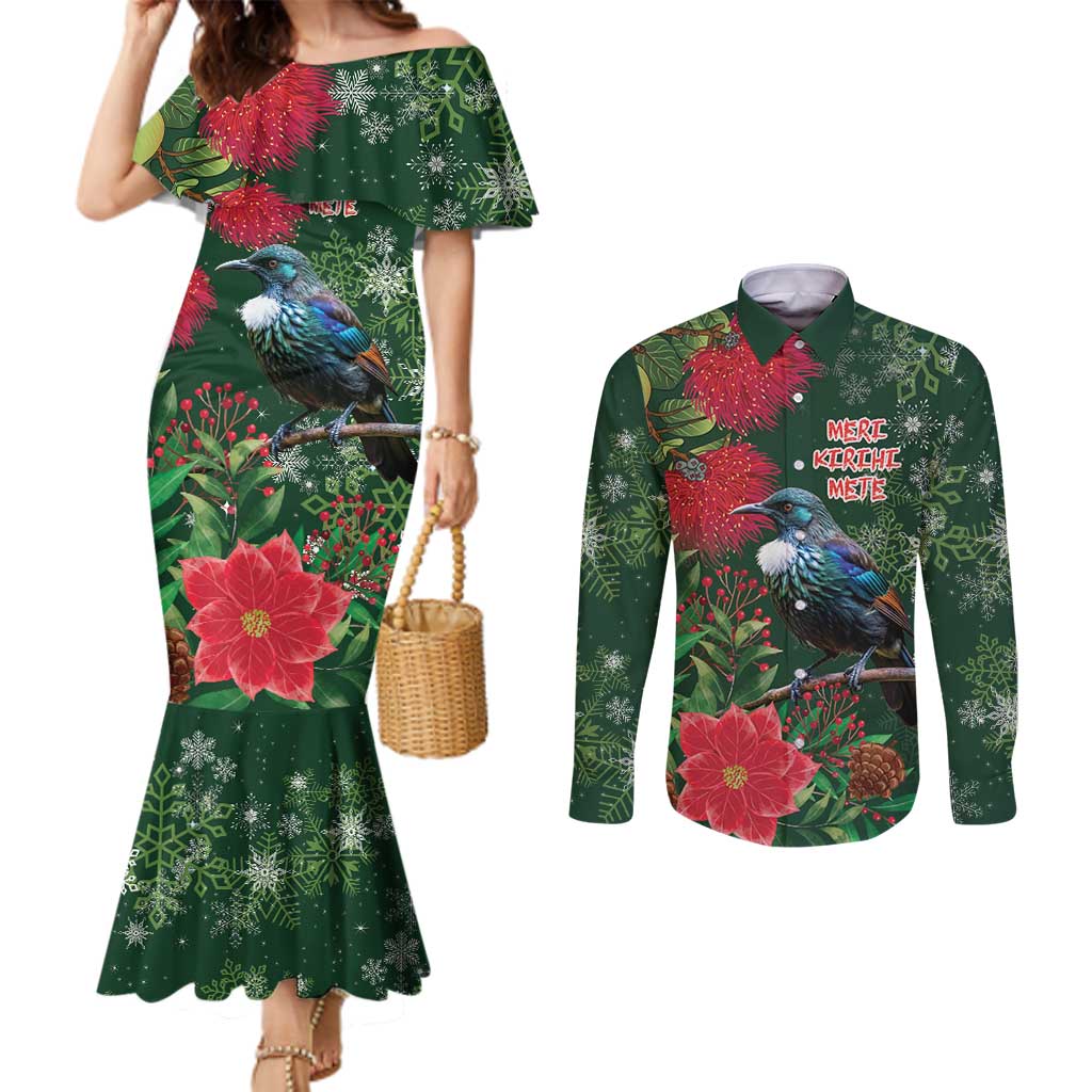 Tui Meri Kirihimete Personalised Couples Matching Mermaid Dress and Long Sleeve Button Shirt Pohutukawa Flowers Green Motif LT9 Green - Polynesian Pride
