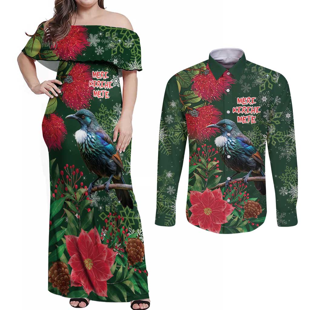 Tui Meri Kirihimete Personalised Couples Matching Off Shoulder Maxi Dress and Long Sleeve Button Shirt Pohutukawa Flowers Green Motif LT9 Green - Polynesian Pride