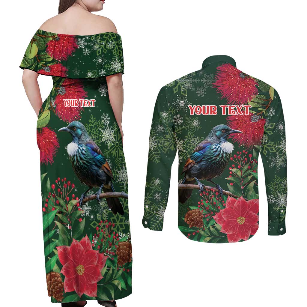Tui Meri Kirihimete Personalised Couples Matching Off Shoulder Maxi Dress and Long Sleeve Button Shirt Pohutukawa Flowers Green Motif LT9 - Polynesian Pride