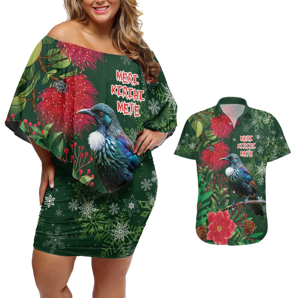 Tui Meri Kirihimete Personalised Couples Matching Off Shoulder Short Dress and Hawaiian Shirt Pohutukawa Flowers Green Motif LT9 Green - Polynesian Pride