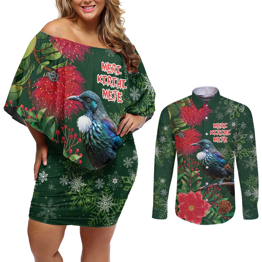 Tui Meri Kirihimete Personalised Couples Matching Off Shoulder Short Dress and Long Sleeve Button Shirt Pohutukawa Flowers Green Motif LT9 Green - Polynesian Pride