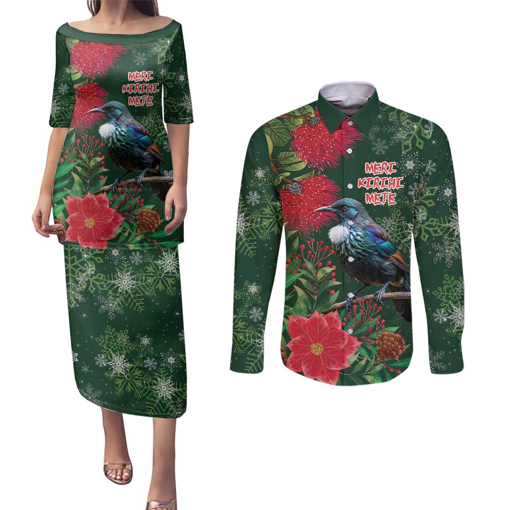 Tui Meri Kirihimete Personalised Couples Matching Puletasi and Long Sleeve Button Shirt Pohutukawa Flowers Green Motif LT9 Green - Polynesian Pride