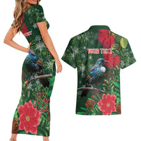 Tui Meri Kirihimete Personalised Couples Matching Short Sleeve Bodycon Dress and Hawaiian Shirt Pohutukawa Flowers Green Motif LT9 - Polynesian Pride