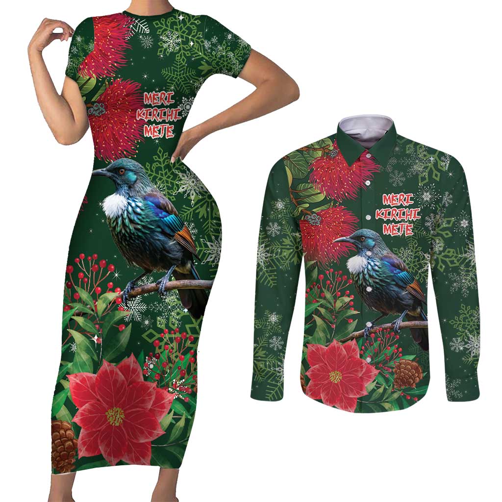 Tui Meri Kirihimete Personalised Couples Matching Short Sleeve Bodycon Dress and Long Sleeve Button Shirt Pohutukawa Flowers Green Motif LT9 Green - Polynesian Pride