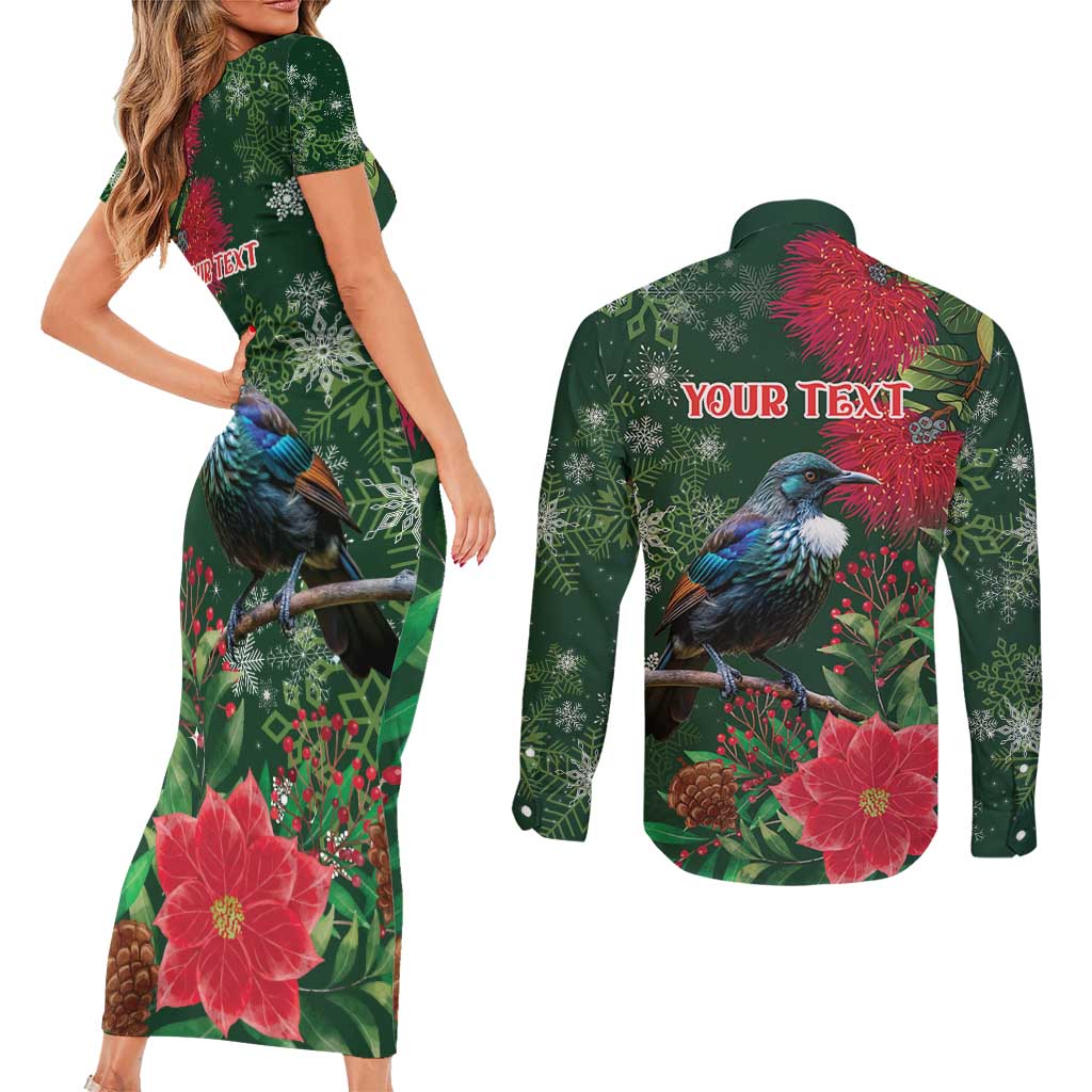 Tui Meri Kirihimete Personalised Couples Matching Short Sleeve Bodycon Dress and Long Sleeve Button Shirt Pohutukawa Flowers Green Motif LT9 - Polynesian Pride
