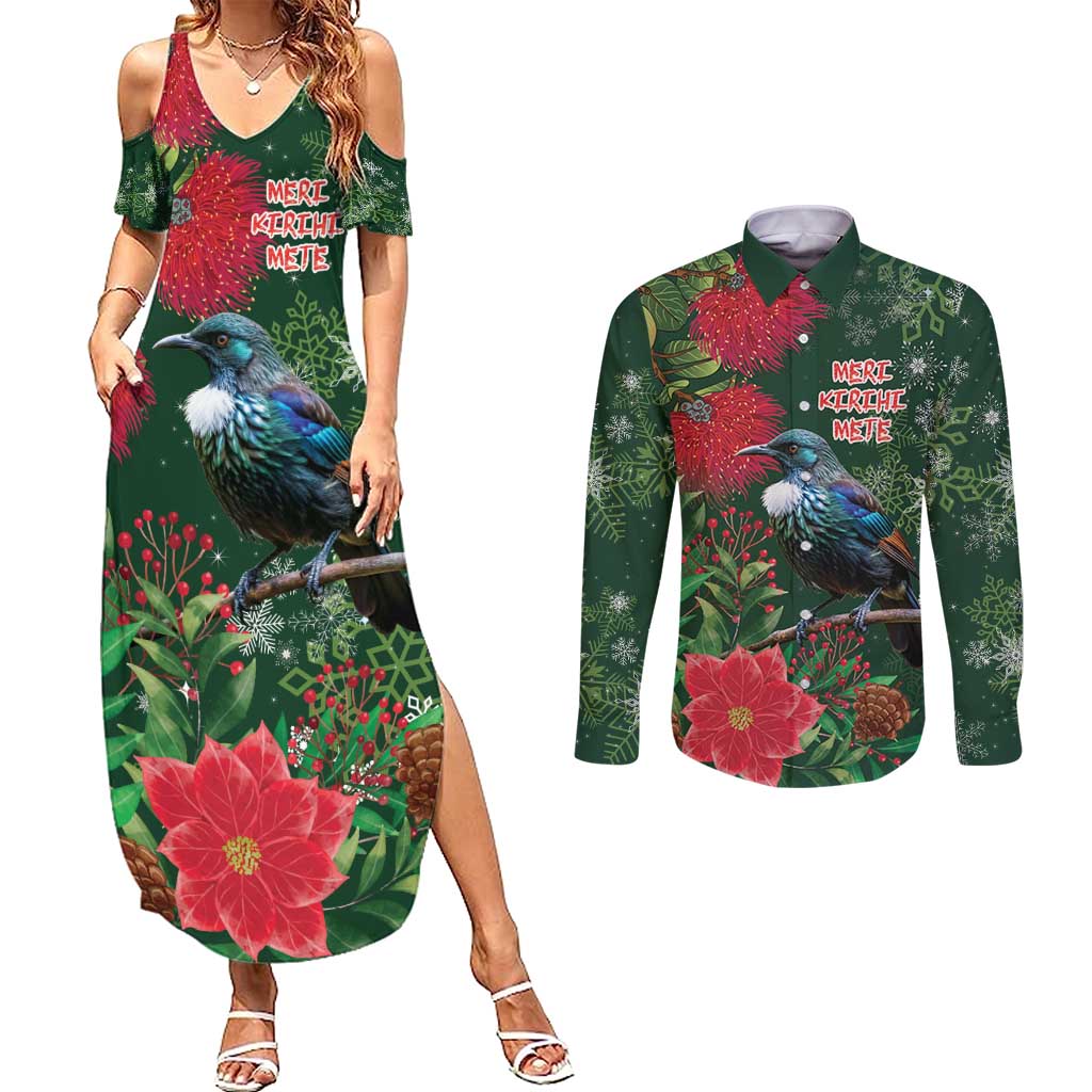 Tui Meri Kirihimete Personalised Couples Matching Summer Maxi Dress and Long Sleeve Button Shirt Pohutukawa Flowers Green Motif LT9 Green - Polynesian Pride