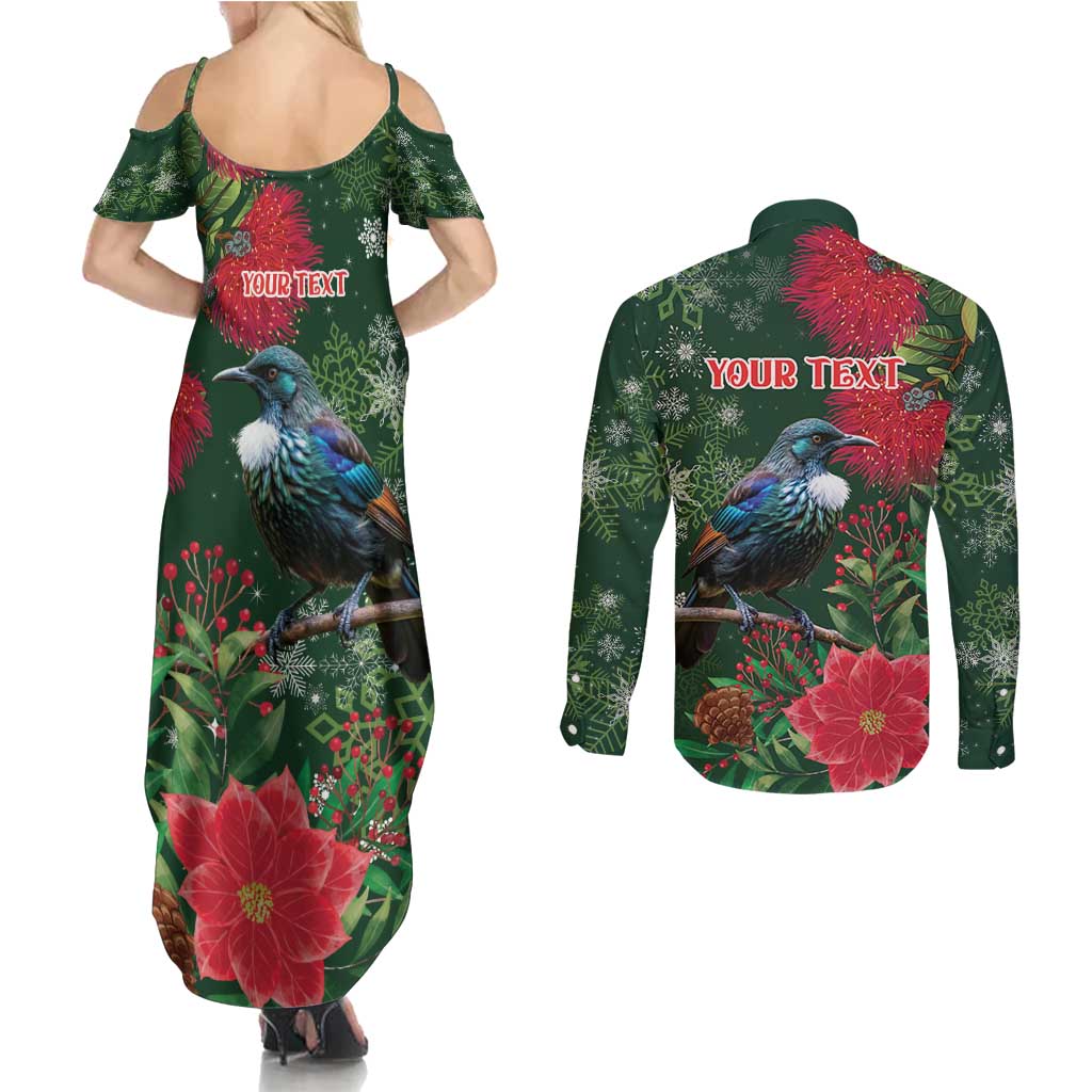 Tui Meri Kirihimete Personalised Couples Matching Summer Maxi Dress and Long Sleeve Button Shirt Pohutukawa Flowers Green Motif LT9 - Polynesian Pride