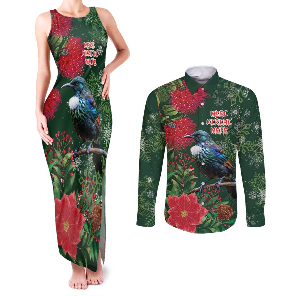 Tui Meri Kirihimete Personalised Couples Matching Tank Maxi Dress and Long Sleeve Button Shirt Pohutukawa Flowers Green Motif LT9 Green - Polynesian Pride