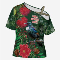 Tui Meri Kirihimete Personalised Cross Shoulder Shirt Pohutukawa Flowers Green Motif LT9 Female Green - Polynesian Pride