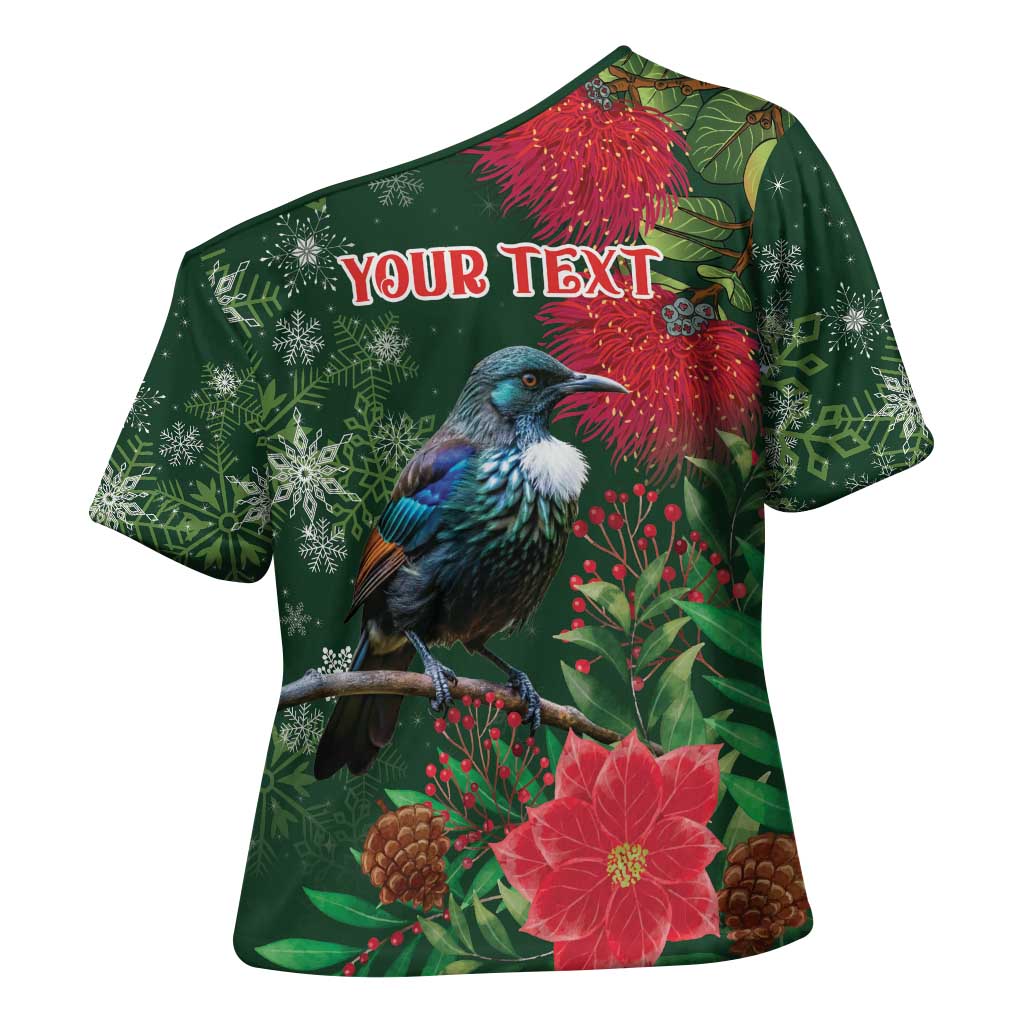 Tui Meri Kirihimete Personalised Cross Shoulder Shirt Pohutukawa Flowers Green Motif LT9 - Polynesian Pride