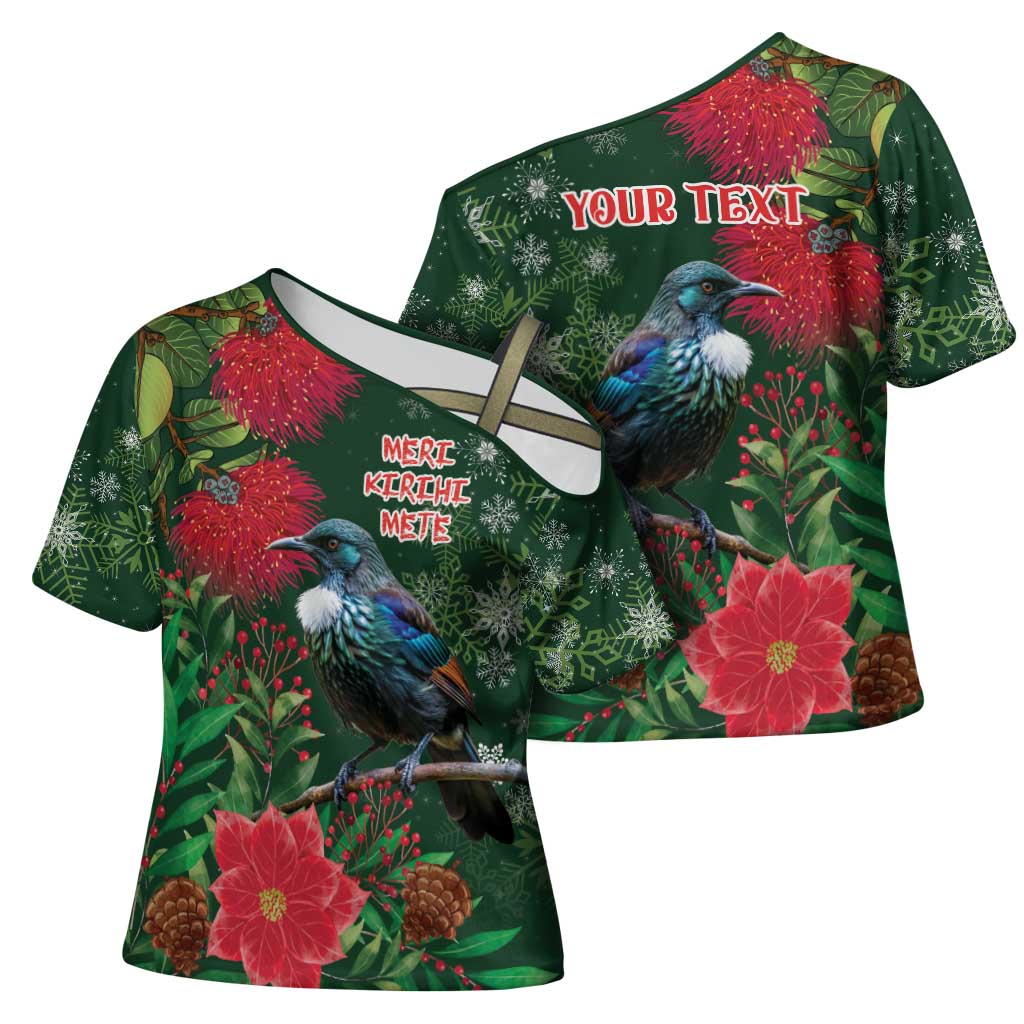 Tui Meri Kirihimete Personalised Cross Shoulder Shirt Pohutukawa Flowers Green Motif LT9 - Polynesian Pride
