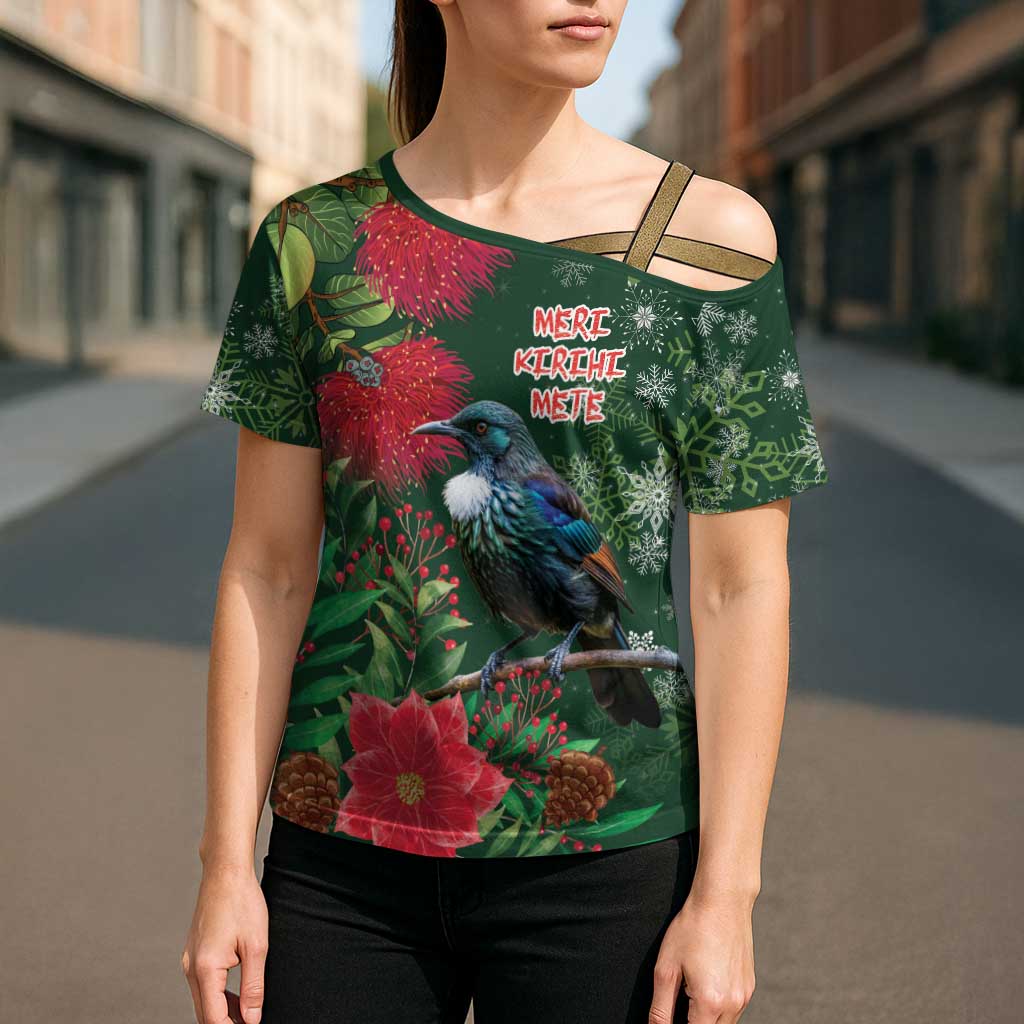 Tui Meri Kirihimete Personalised Cross Shoulder Shirt Pohutukawa Flowers Green Motif LT9 - Polynesian Pride