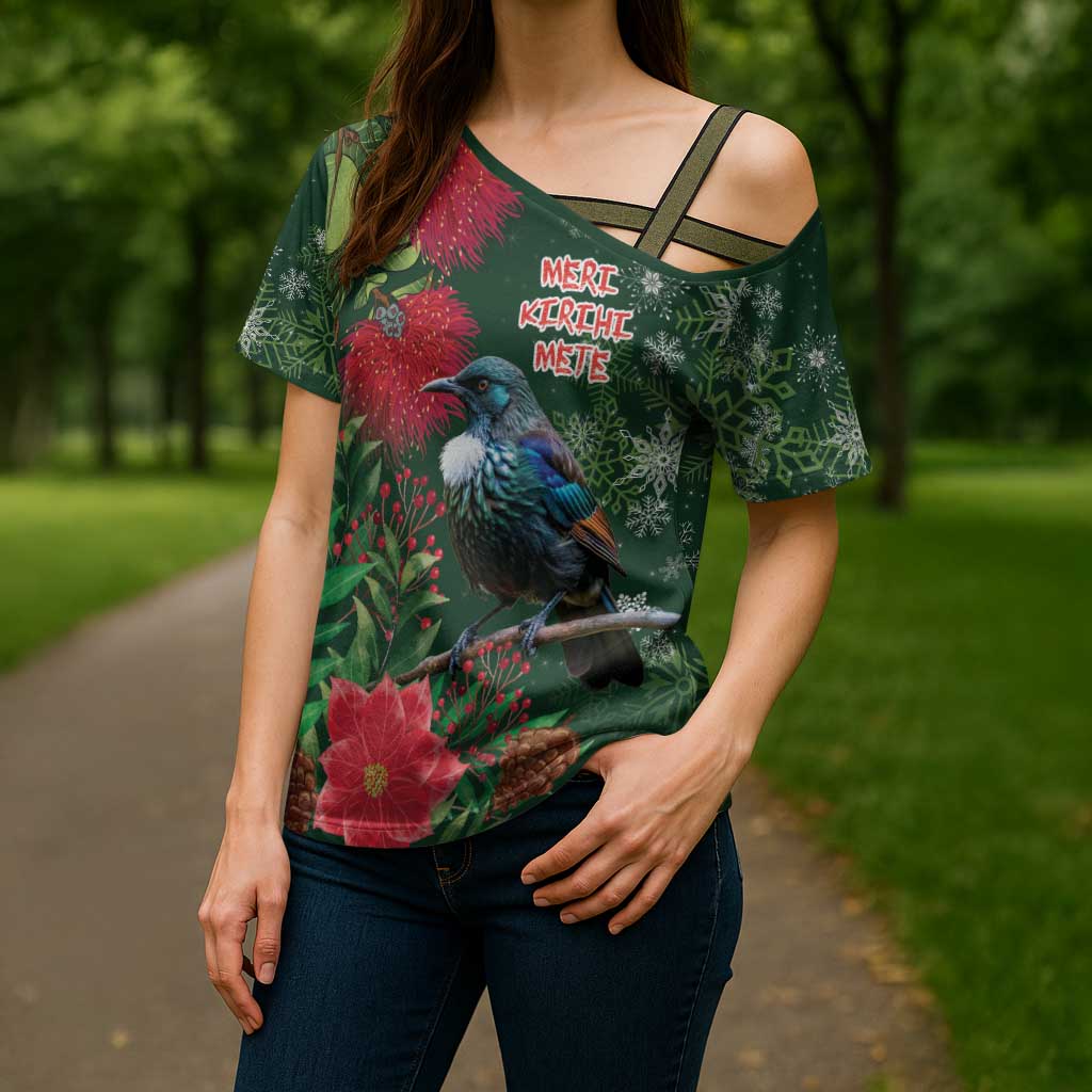 Tui Meri Kirihimete Personalised Cross Shoulder Shirt Pohutukawa Flowers Green Motif LT9 - Polynesian Pride