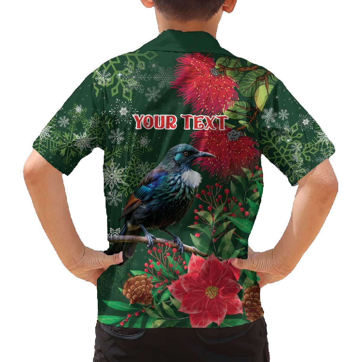 Tui Meri Kirihimete Personalised Family Matching Off The Shoulder Long Sleeve Dress and Hawaiian Shirt Pohutukawa Flowers Green Motif LT9 - Polynesian Pride
