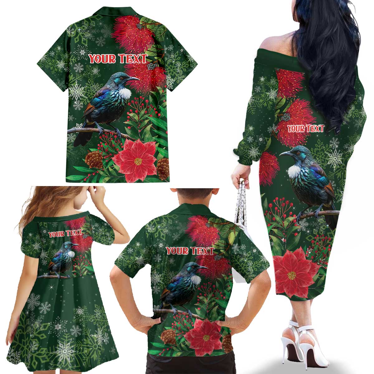 Tui Meri Kirihimete Personalised Family Matching Off The Shoulder Long Sleeve Dress and Hawaiian Shirt Pohutukawa Flowers Green Motif LT9 - Polynesian Pride